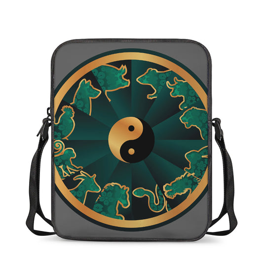 Green And Gold Chinese Zodiac Print Rectangular Crossbody Bag