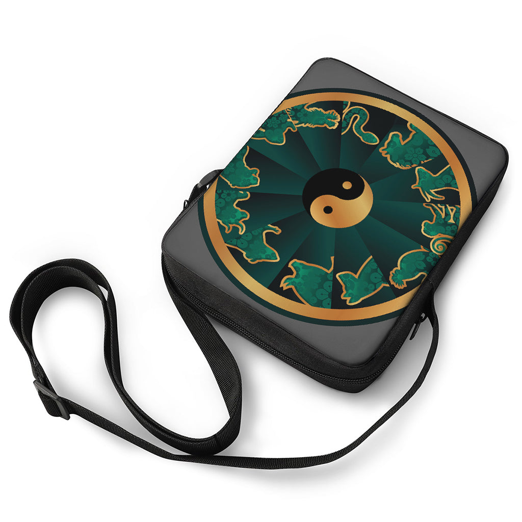 Green And Gold Chinese Zodiac Print Rectangular Crossbody Bag