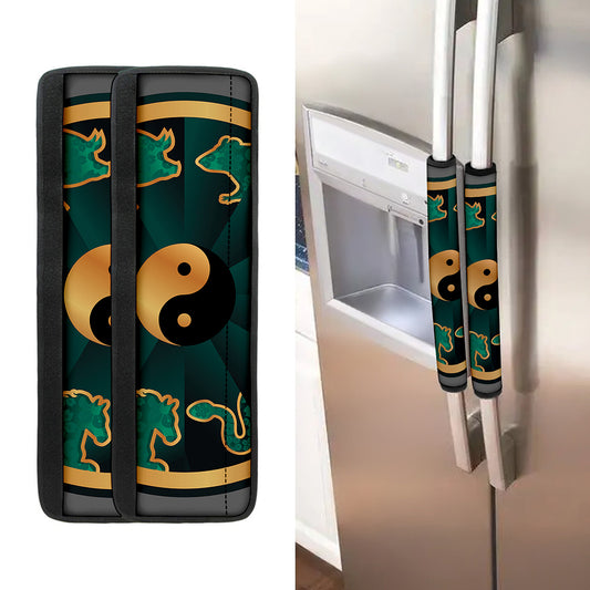 Green And Gold Chinese Zodiac Print Refrigerator Handle Covers