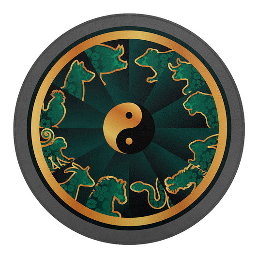 Green And Gold Chinese Zodiac Print Round Blanket