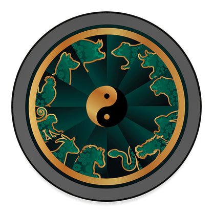 Green And Gold Chinese Zodiac Print Round Floor Mat