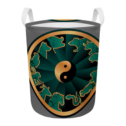 Green And Gold Chinese Zodiac Print Round Laundry Basket