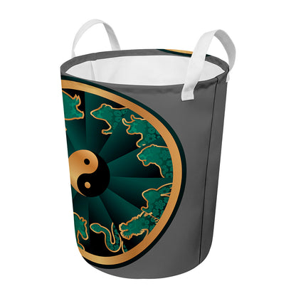 Green And Gold Chinese Zodiac Print Round Laundry Basket