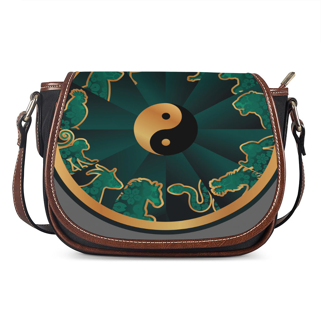 Green And Gold Chinese Zodiac Print Saddle Bag