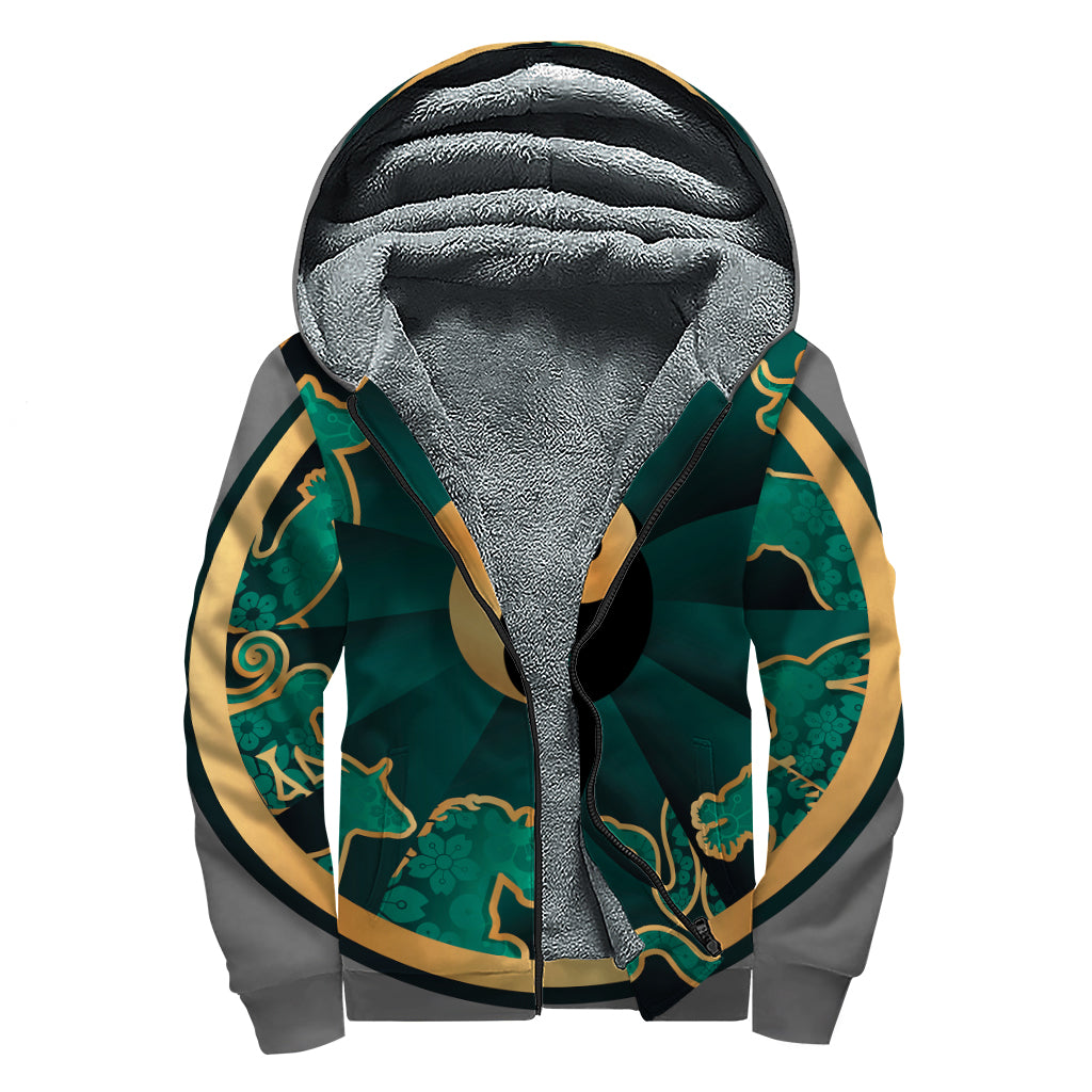 Green And Gold Chinese Zodiac Print Sherpa Lined Zip Up Hoodie