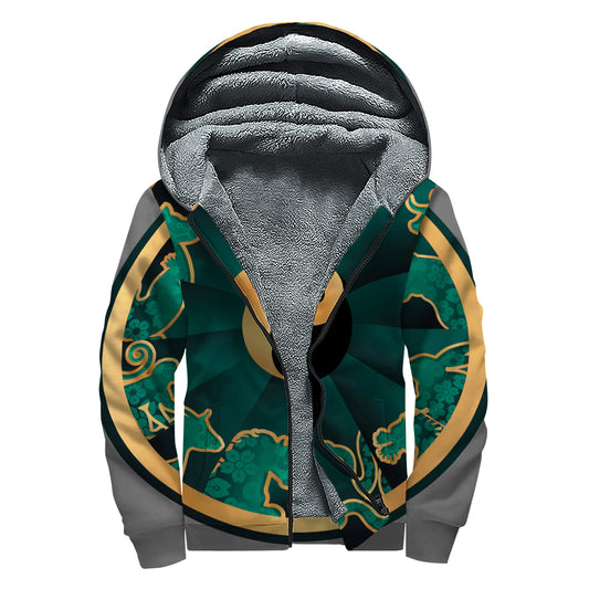 Green And Gold Chinese Zodiac Print Sherpa Lined Zip Up Hoodie