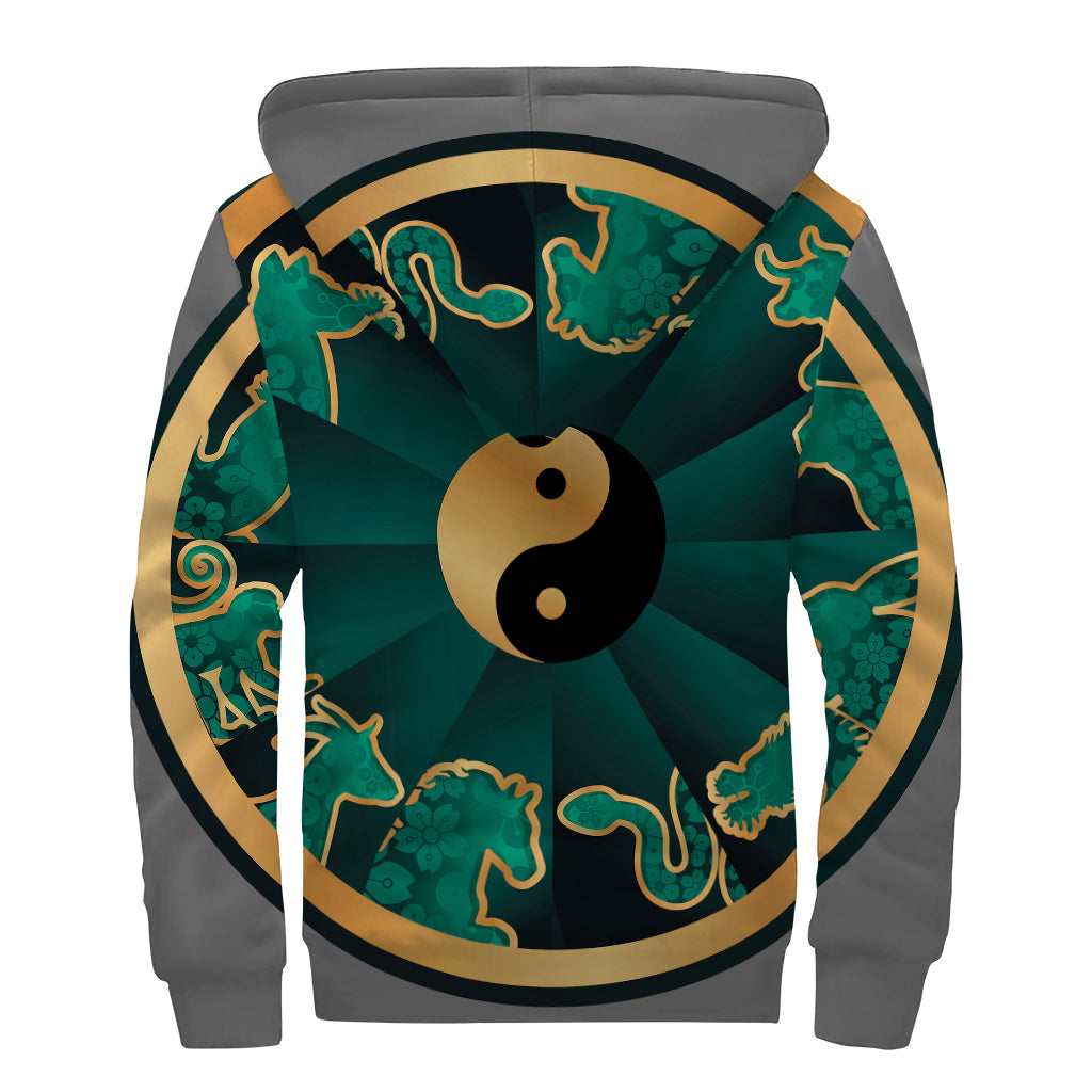 Green And Gold Chinese Zodiac Print Sherpa Lined Zip Up Hoodie