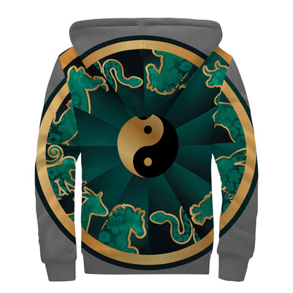 Green And Gold Chinese Zodiac Print Sherpa Lined Zip Up Hoodie