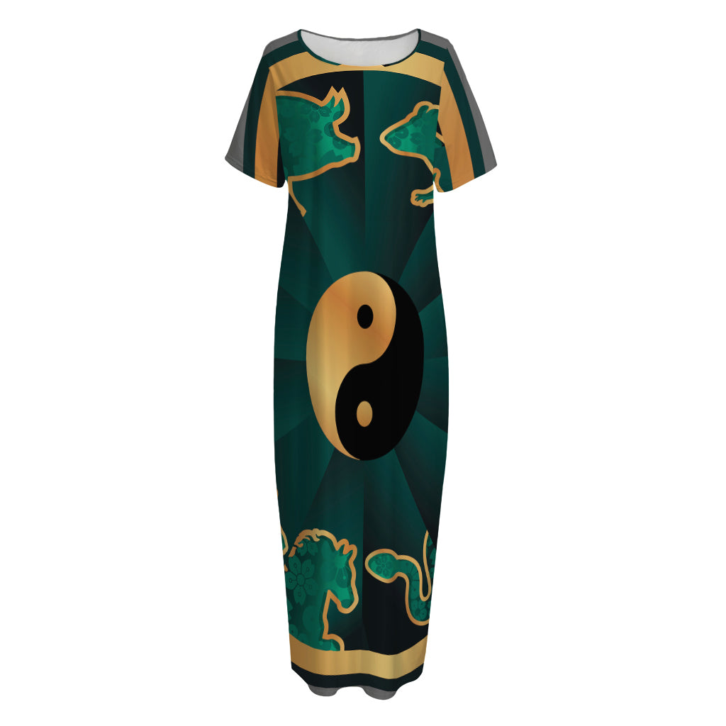 Green And Gold Chinese Zodiac Print Short Sleeve Long Nightdress