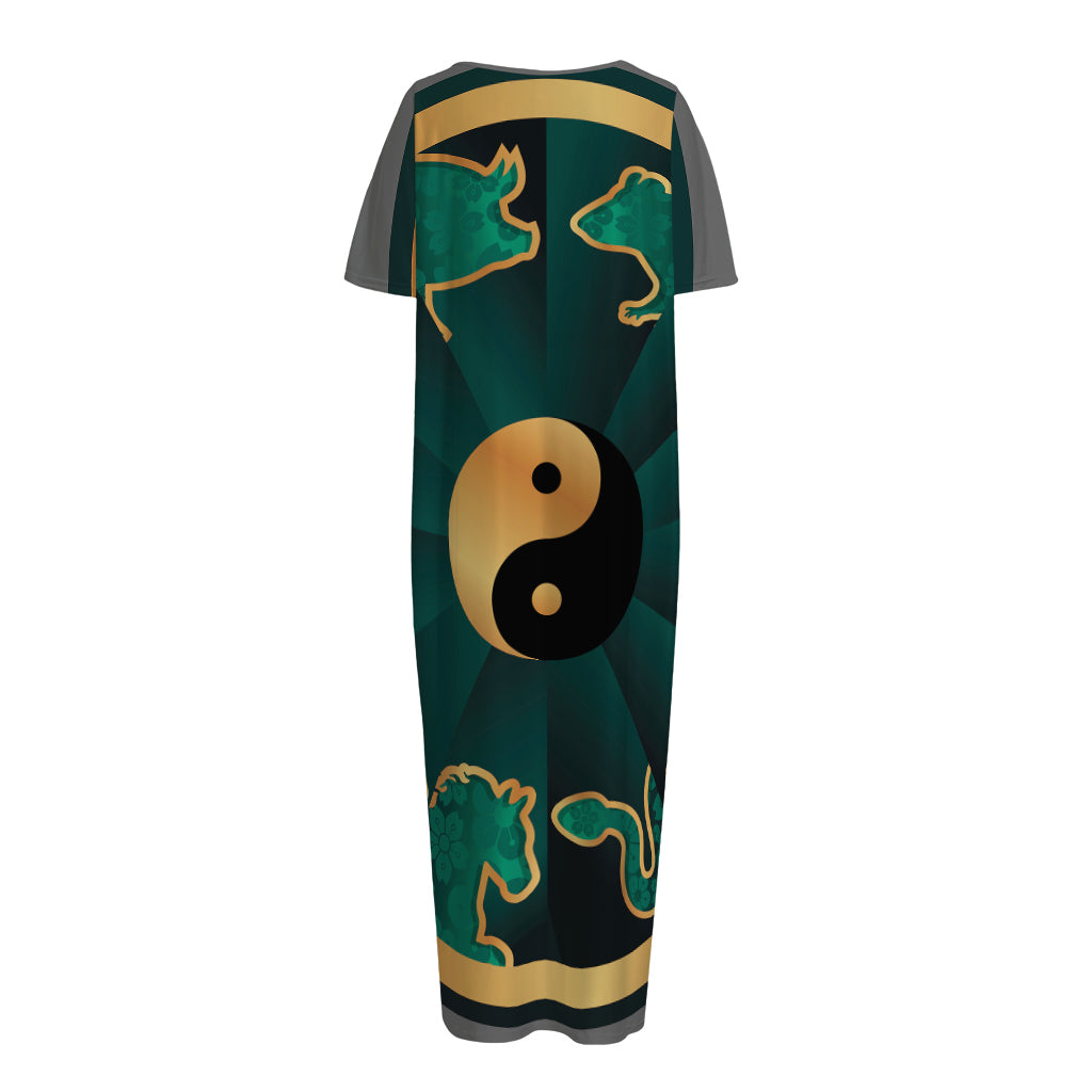 Green And Gold Chinese Zodiac Print Short Sleeve Long Nightdress
