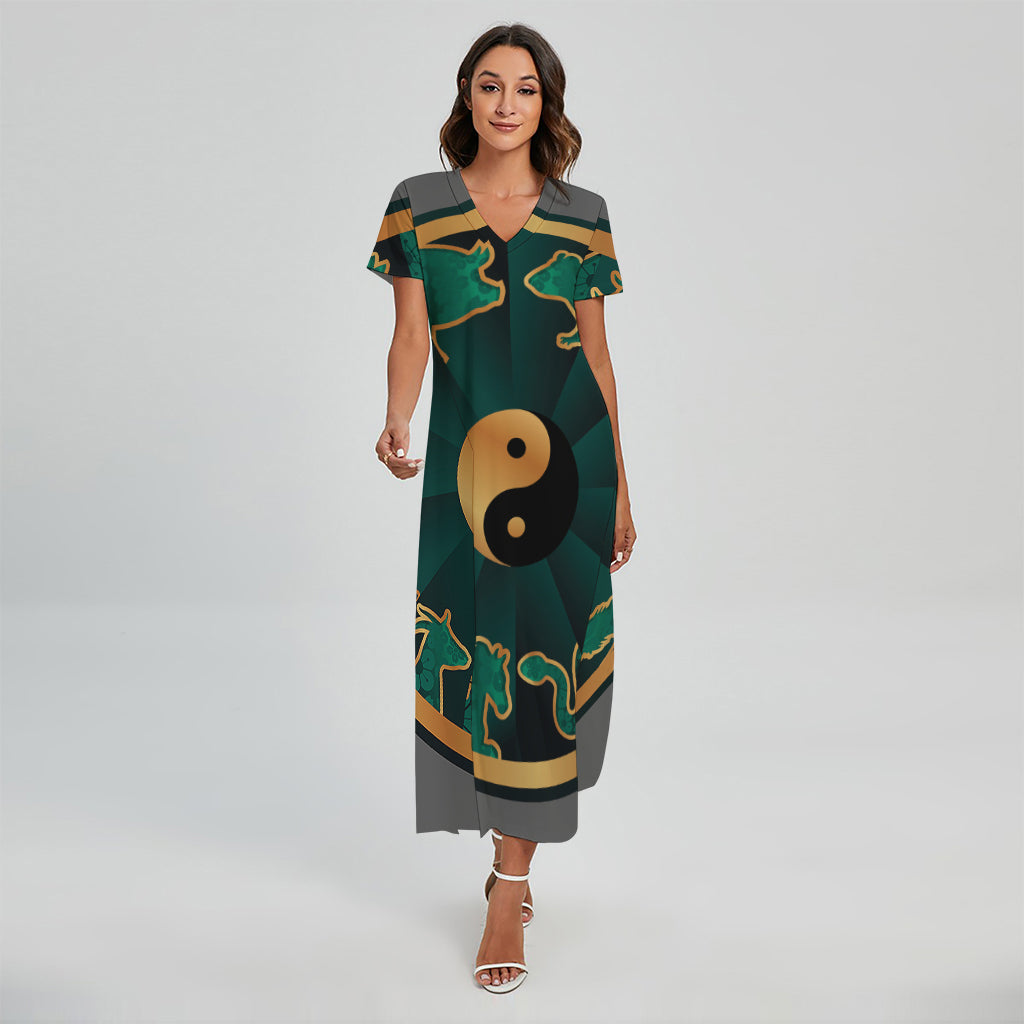 Green And Gold Chinese Zodiac Print Short Sleeve Maxi Dress