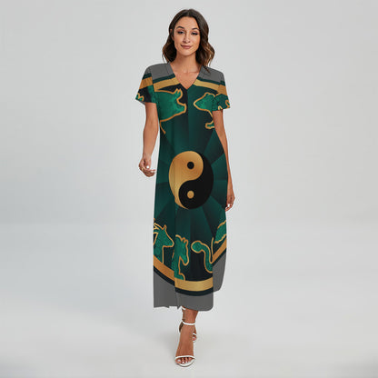 Green And Gold Chinese Zodiac Print Short Sleeve Maxi Dress