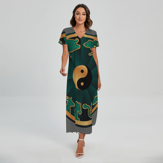 Green And Gold Chinese Zodiac Print Short Sleeve Maxi Dress