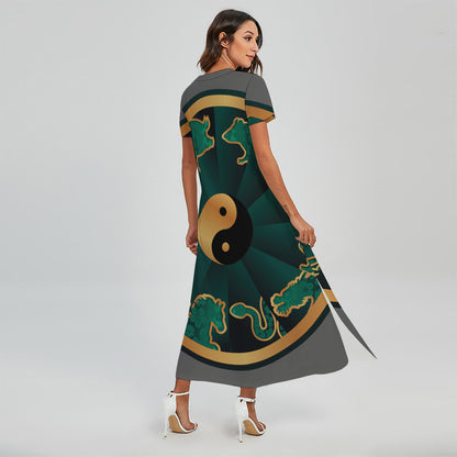 Green And Gold Chinese Zodiac Print Short Sleeve Maxi Dress