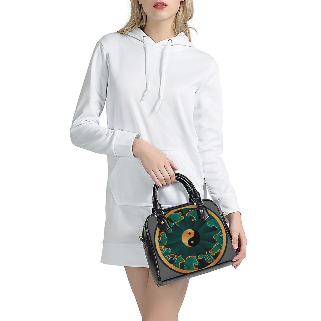 Green And Gold Chinese Zodiac Print Shoulder Handbag