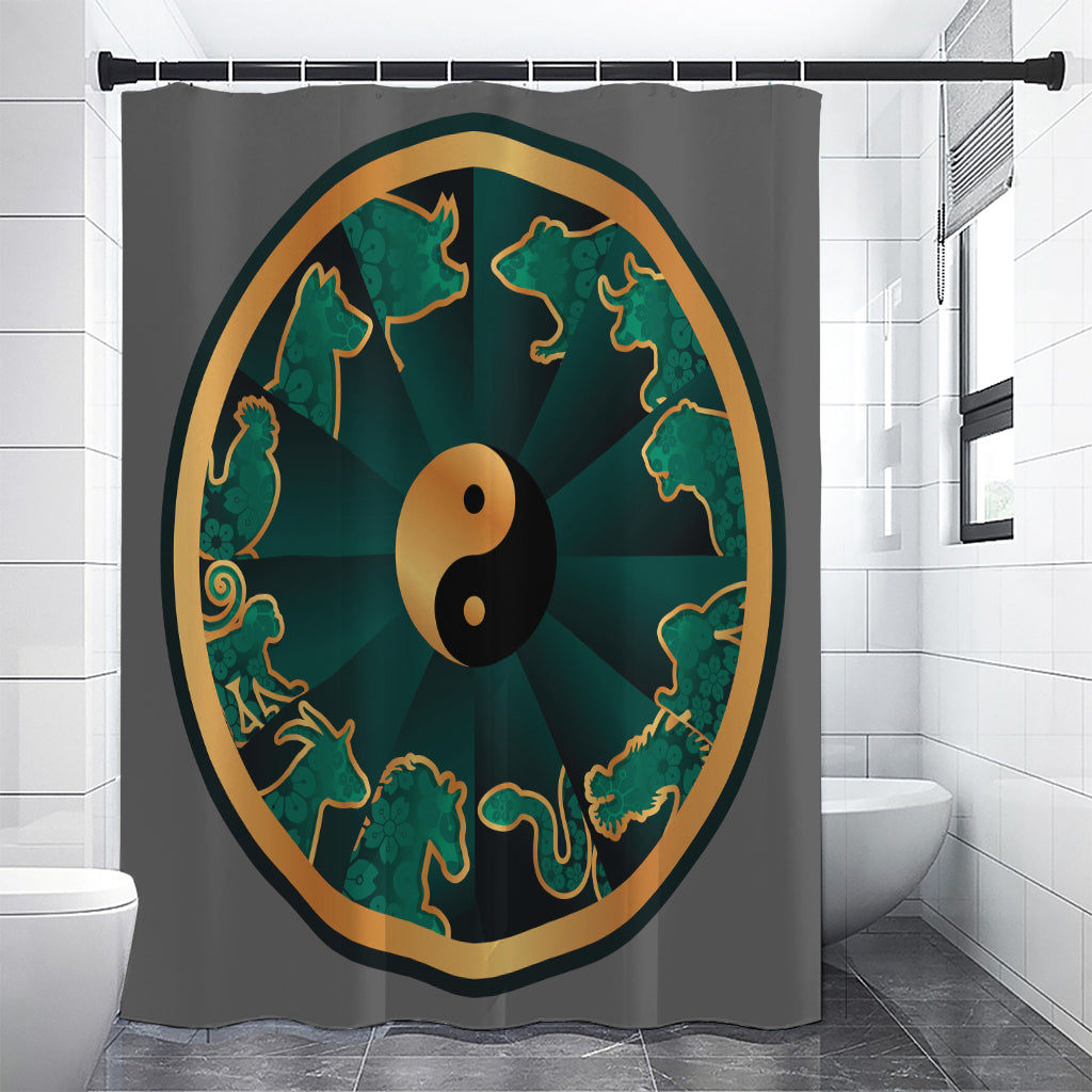 Green And Gold Chinese Zodiac Print Shower Curtain