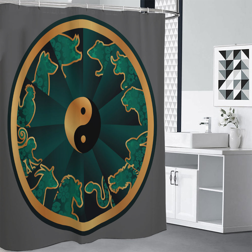 Green And Gold Chinese Zodiac Print Shower Curtain