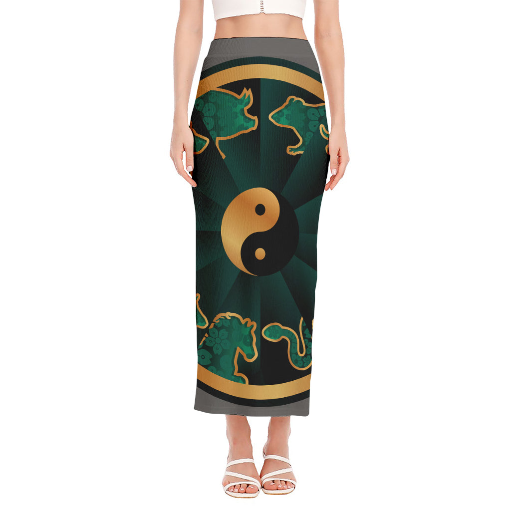 Green And Gold Chinese Zodiac Print Side Slit Maxi Skirt