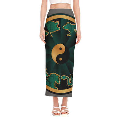 Green And Gold Chinese Zodiac Print Side Slit Maxi Skirt