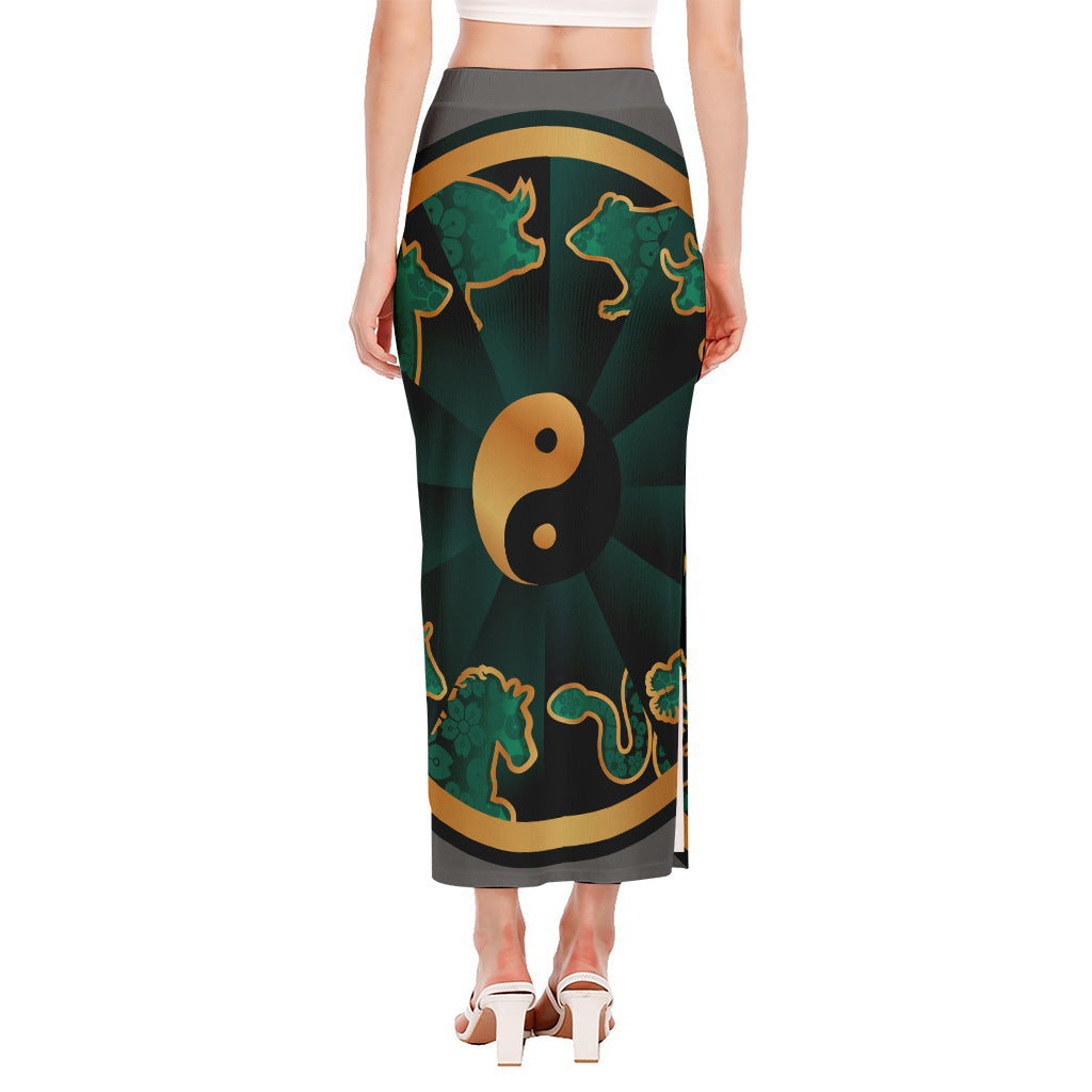 Green And Gold Chinese Zodiac Print Side Slit Maxi Skirt