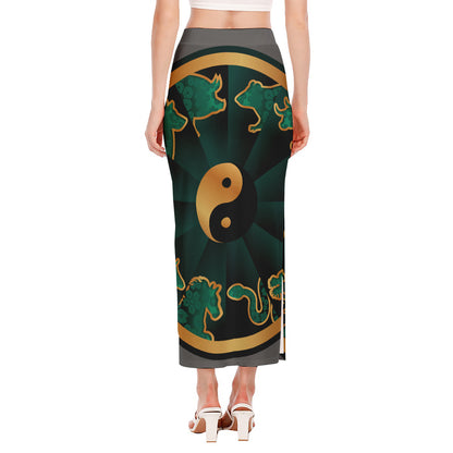 Green And Gold Chinese Zodiac Print Side Slit Maxi Skirt