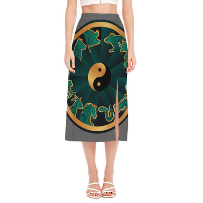 Green And Gold Chinese Zodiac Print Side Slit Midi Skirt
