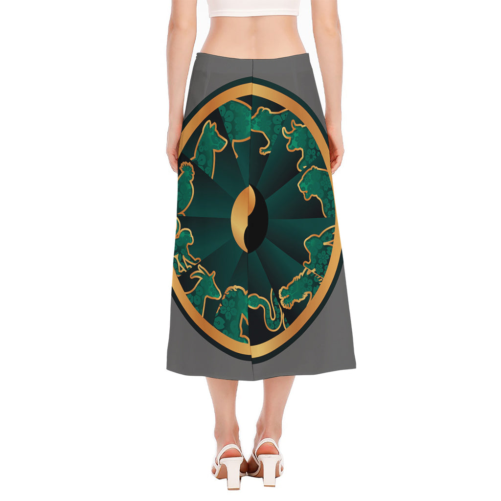 Green And Gold Chinese Zodiac Print Side Slit Midi Skirt
