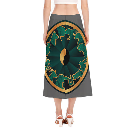 Green And Gold Chinese Zodiac Print Side Slit Midi Skirt