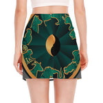 Green And Gold Chinese Zodiac Print Side Slit Mini Skirt