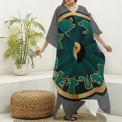 Green And Gold Chinese Zodiac Print Silk V-Neck Kaftan Dress