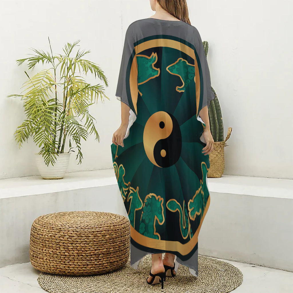 Green And Gold Chinese Zodiac Print Silk V-Neck Kaftan Dress