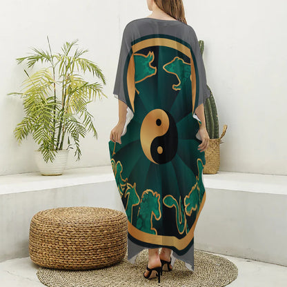Green And Gold Chinese Zodiac Print Silk V-Neck Kaftan Dress
