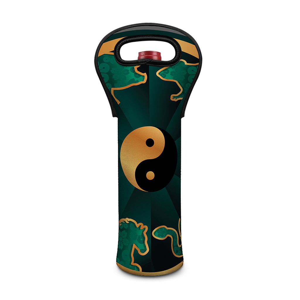 Green And Gold Chinese Zodiac Print Single Neoprene Wine Tote