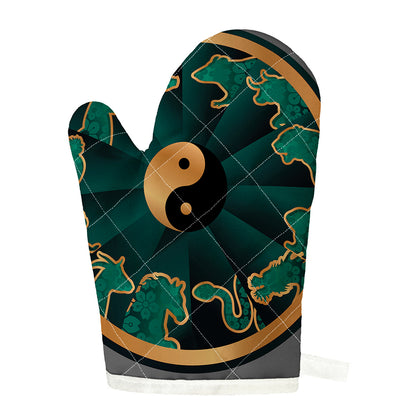 Green And Gold Chinese Zodiac Print Single Oven Mitt