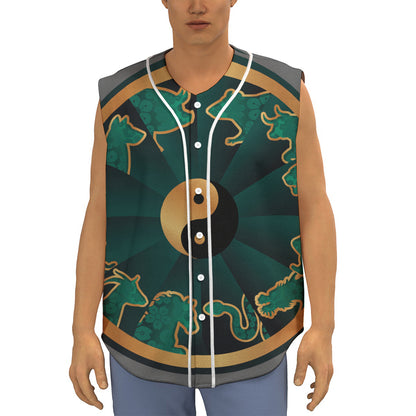 Green And Gold Chinese Zodiac Print Sleeveless Baseball Jersey