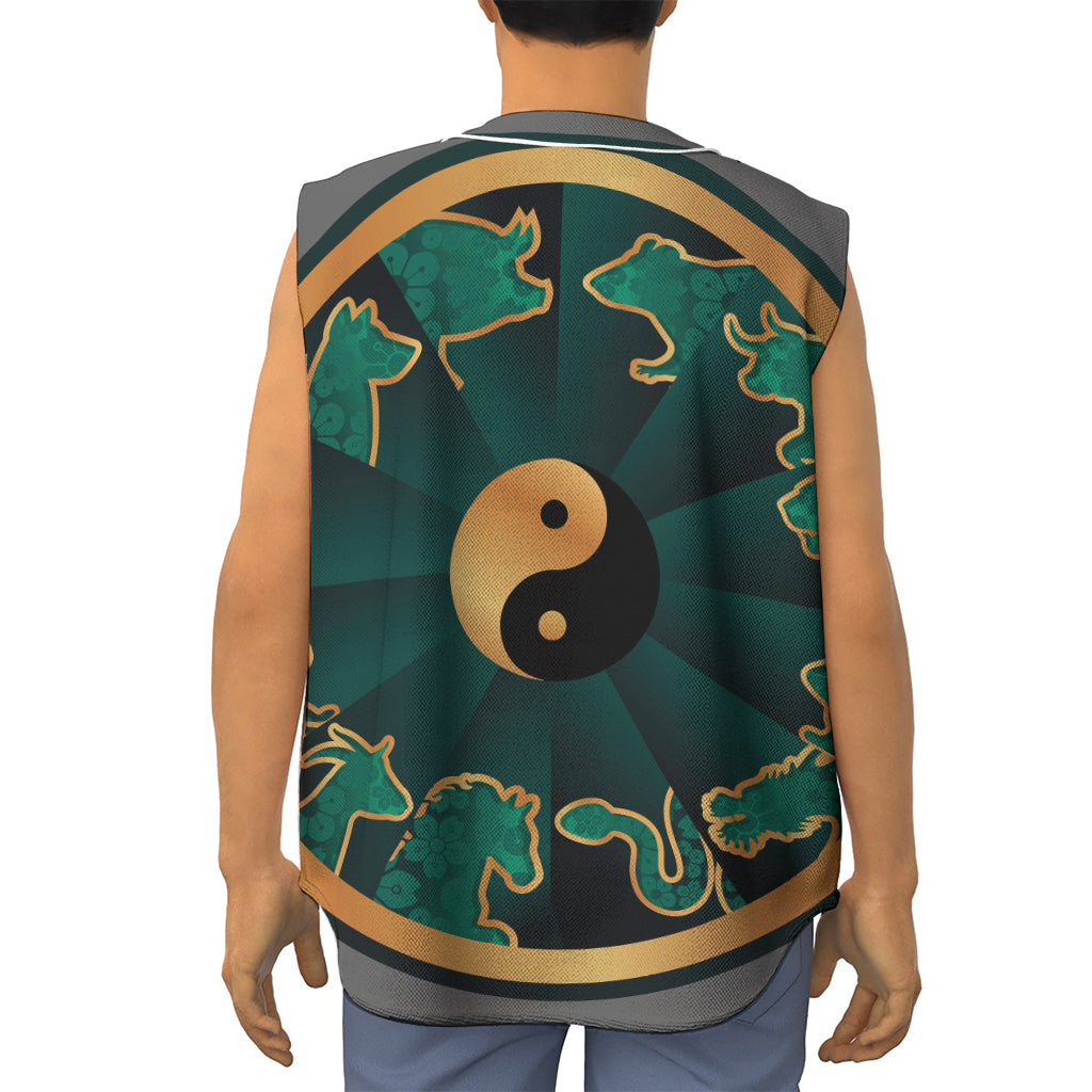 Green And Gold Chinese Zodiac Print Sleeveless Baseball Jersey
