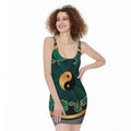 Green And Gold Chinese Zodiac Print Sleeveless Bodycon Dress