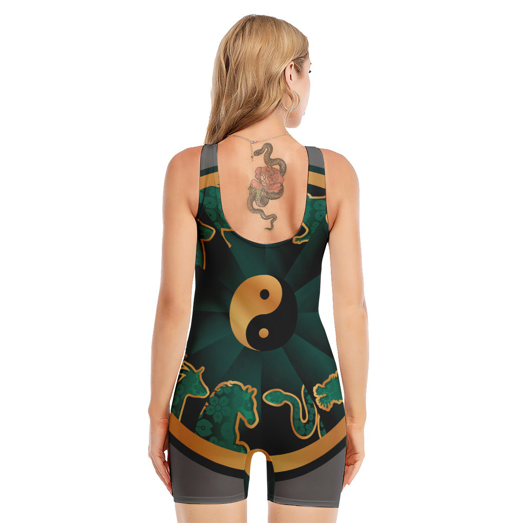 Green And Gold Chinese Zodiac Print Sleeveless One Piece Swimsuit