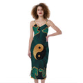 Green And Gold Chinese Zodiac Print Slim Fit Midi Cami Dress