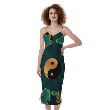 Green And Gold Chinese Zodiac Print Slim Fit Midi Cami Dress