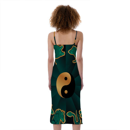 Green And Gold Chinese Zodiac Print Slim Fit Midi Cami Dress