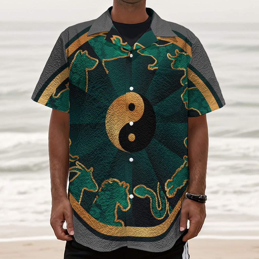 Green And Gold Chinese Zodiac Print Textured Short Sleeve Shirt