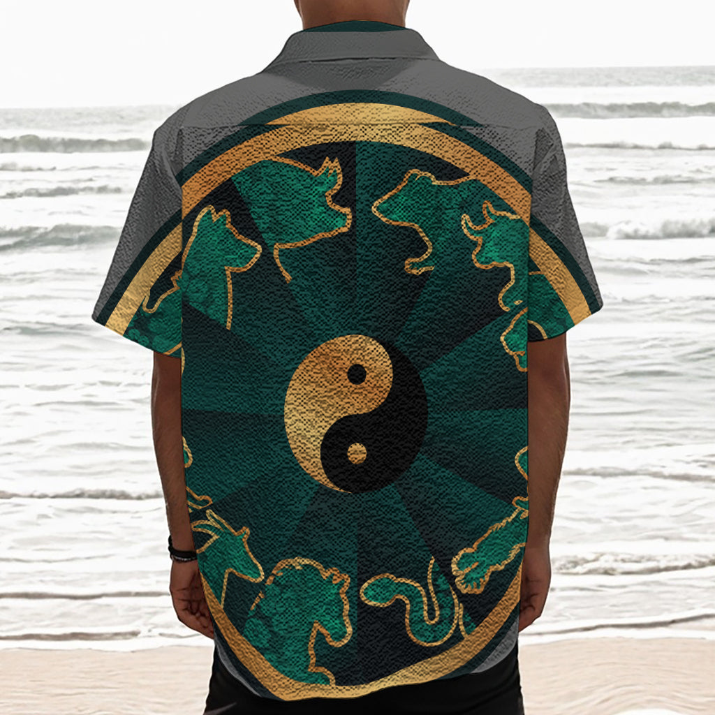 Green And Gold Chinese Zodiac Print Textured Short Sleeve Shirt