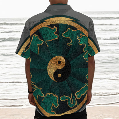 Green And Gold Chinese Zodiac Print Textured Short Sleeve Shirt