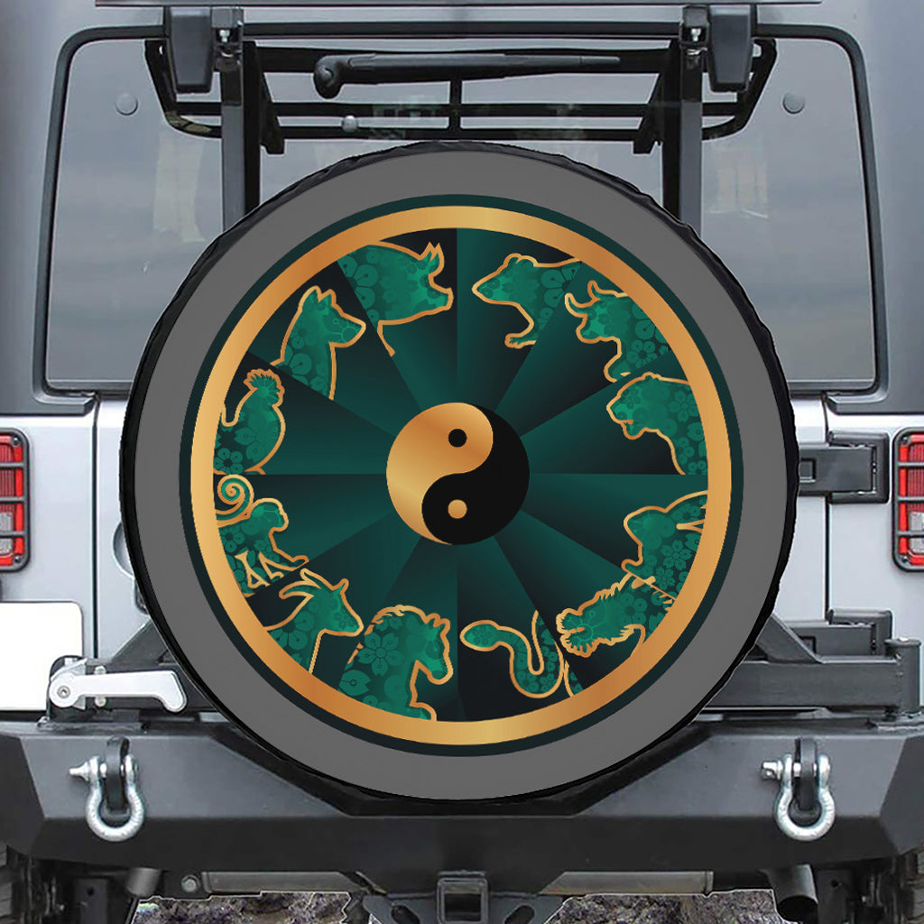 Green And Gold Chinese Zodiac Print Tire Cover