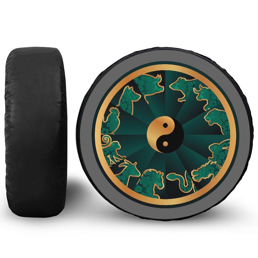 Green And Gold Chinese Zodiac Print Tire Cover