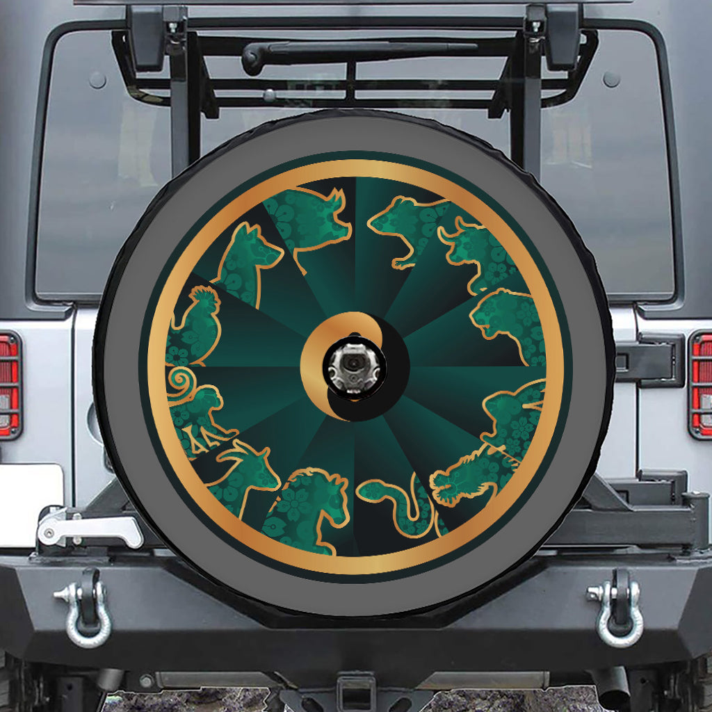 Green And Gold Chinese Zodiac Print Tire Cover With Camera Hole