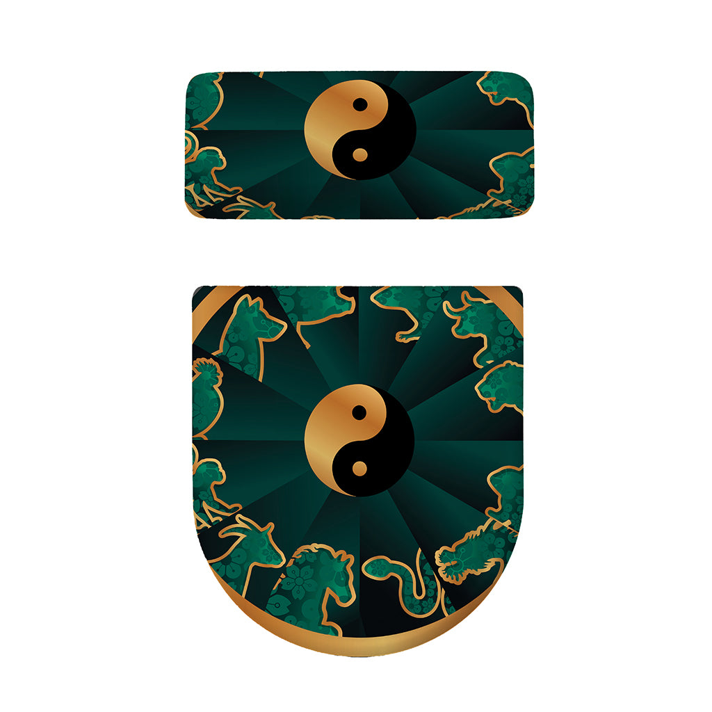 Green And Gold Chinese Zodiac Print Toilet Lid And Tank Cover Set