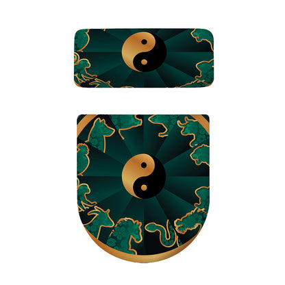 Green And Gold Chinese Zodiac Print Toilet Lid And Tank Cover Set