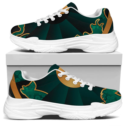 Green And Gold Chinese Zodiac Print White Chunky Shoes